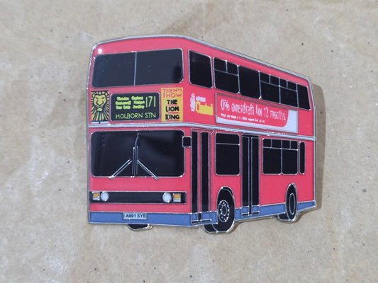 London Transport Leyland Olympian Double Decker Bus Enamel Brooch Pin Badge – 1980s–1990s Classic Red Bus