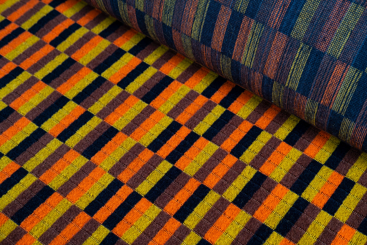1980s London Bus & Underground Moquette Upholstery Fabric – Orange, Yellow & Brown