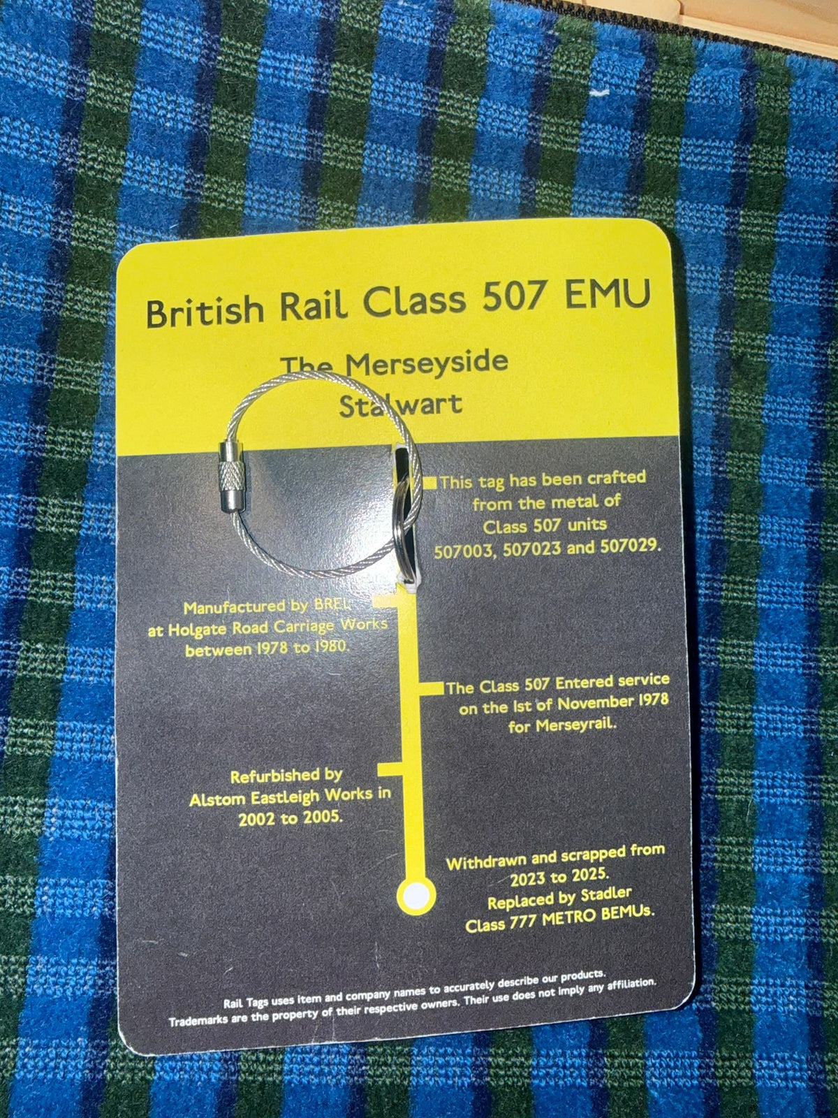 Original Rail Tags British Rail Class 507 Merseyrail recovered carriage metal collector keyring, view 3