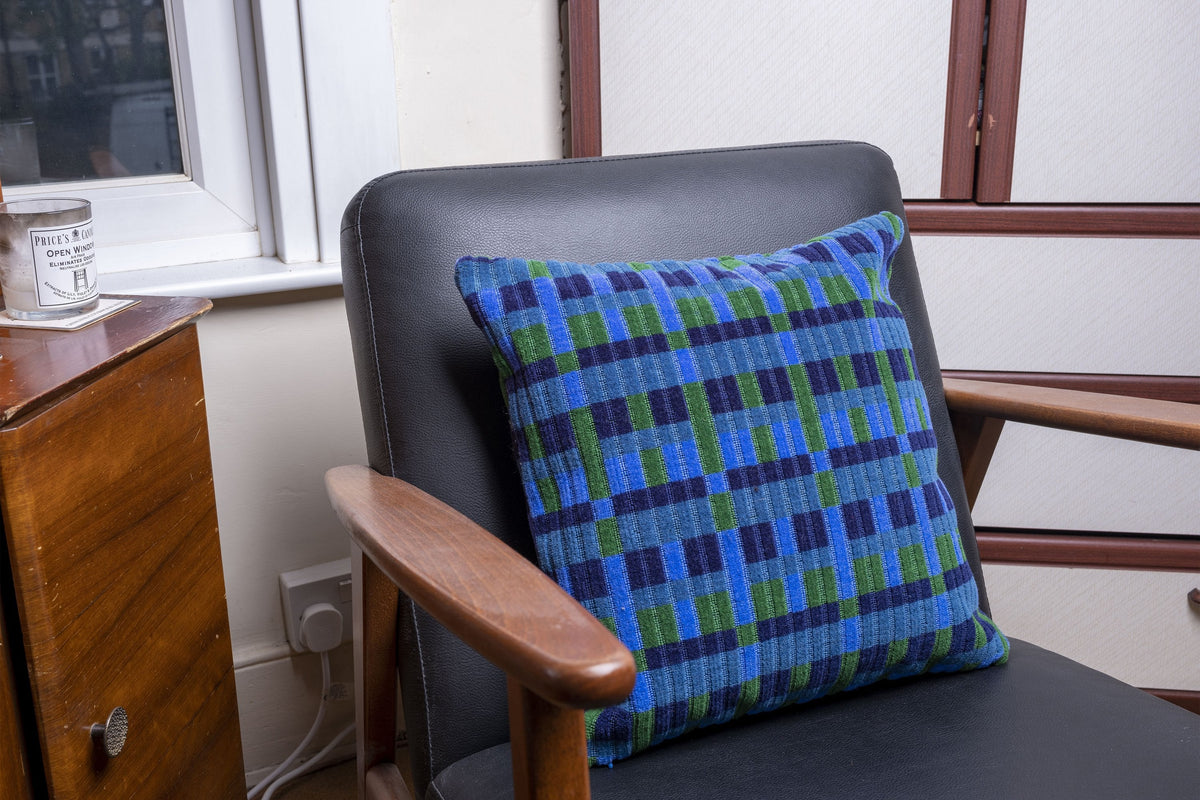 London Underground Victoria, Bakerloo & Northern Lines and London Buses – Blue Straub Moquette Cushion