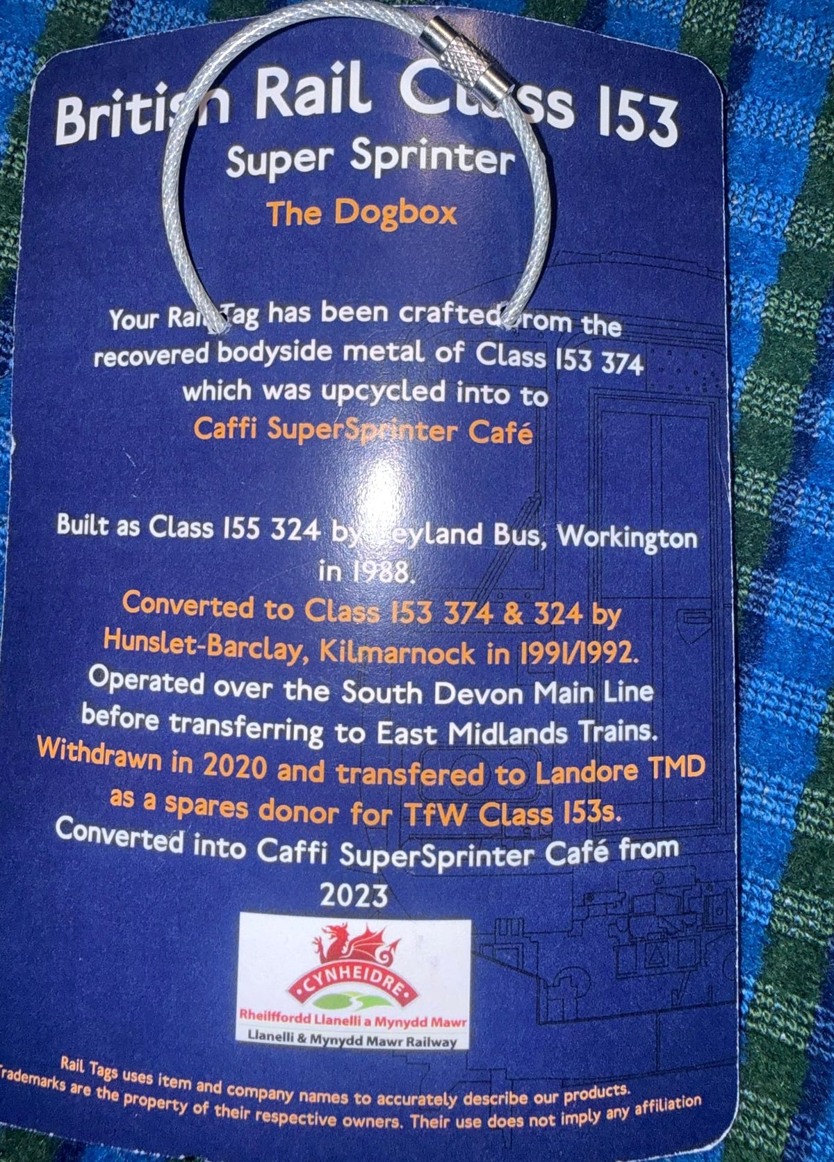 Rail Tags genuine British Rail Class 153 374 Caffi SuperSprinter tag and original presentation card, view 2