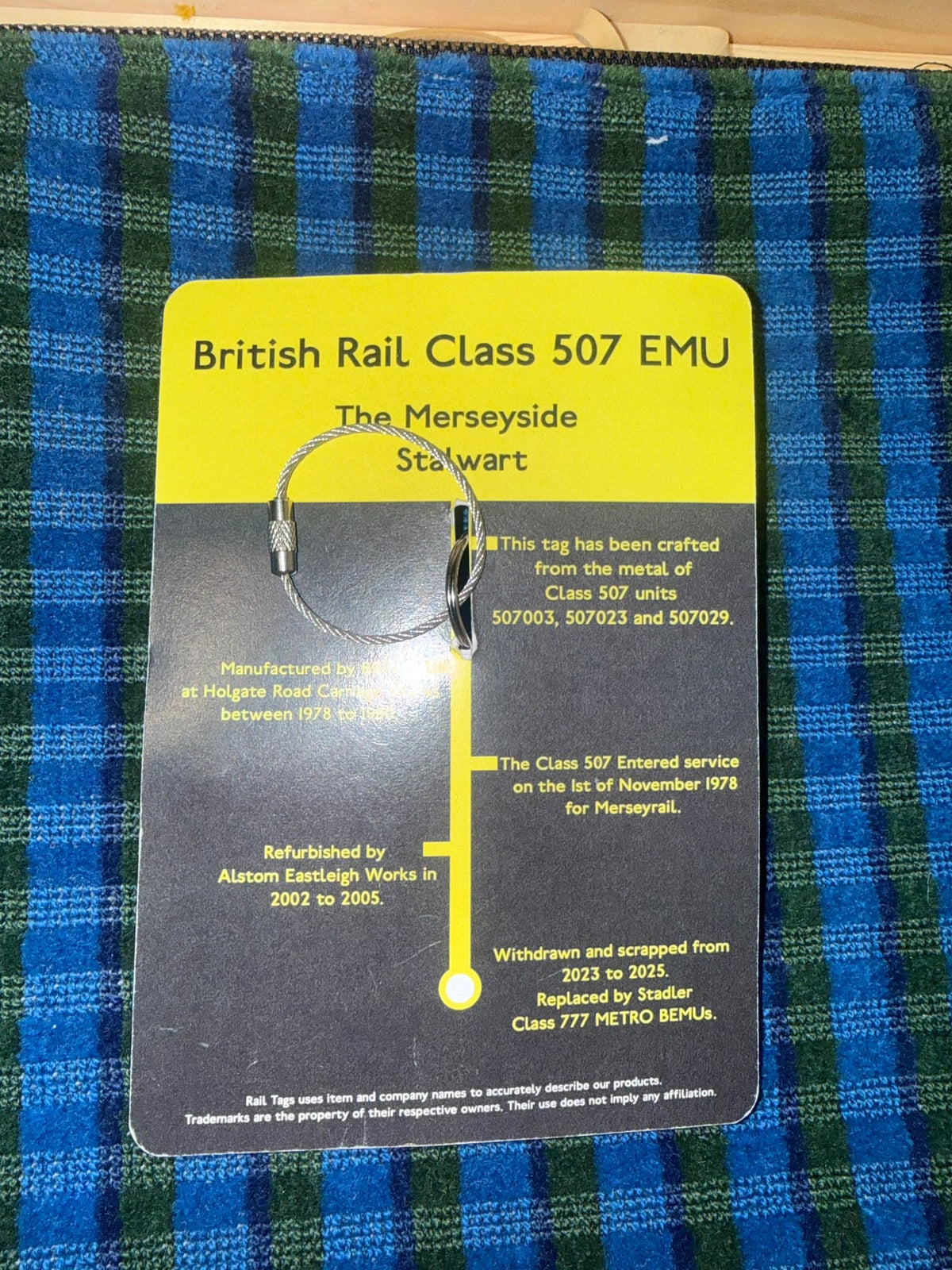 Original Rail Tags British Rail Class 507 Merseyrail recovered carriage metal collector keyring, view 1