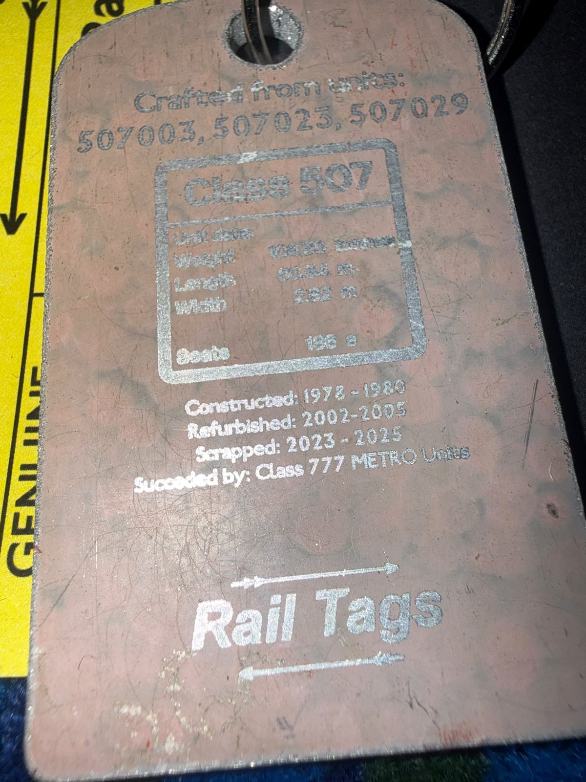 Original Rail Tags British Rail Class 507 Merseyrail recovered carriage metal collector keyring, view 2