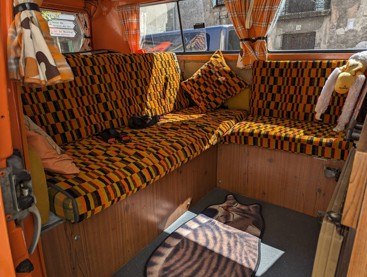 Campervan interior with Misha Black London bus and Underground moquette upholstery