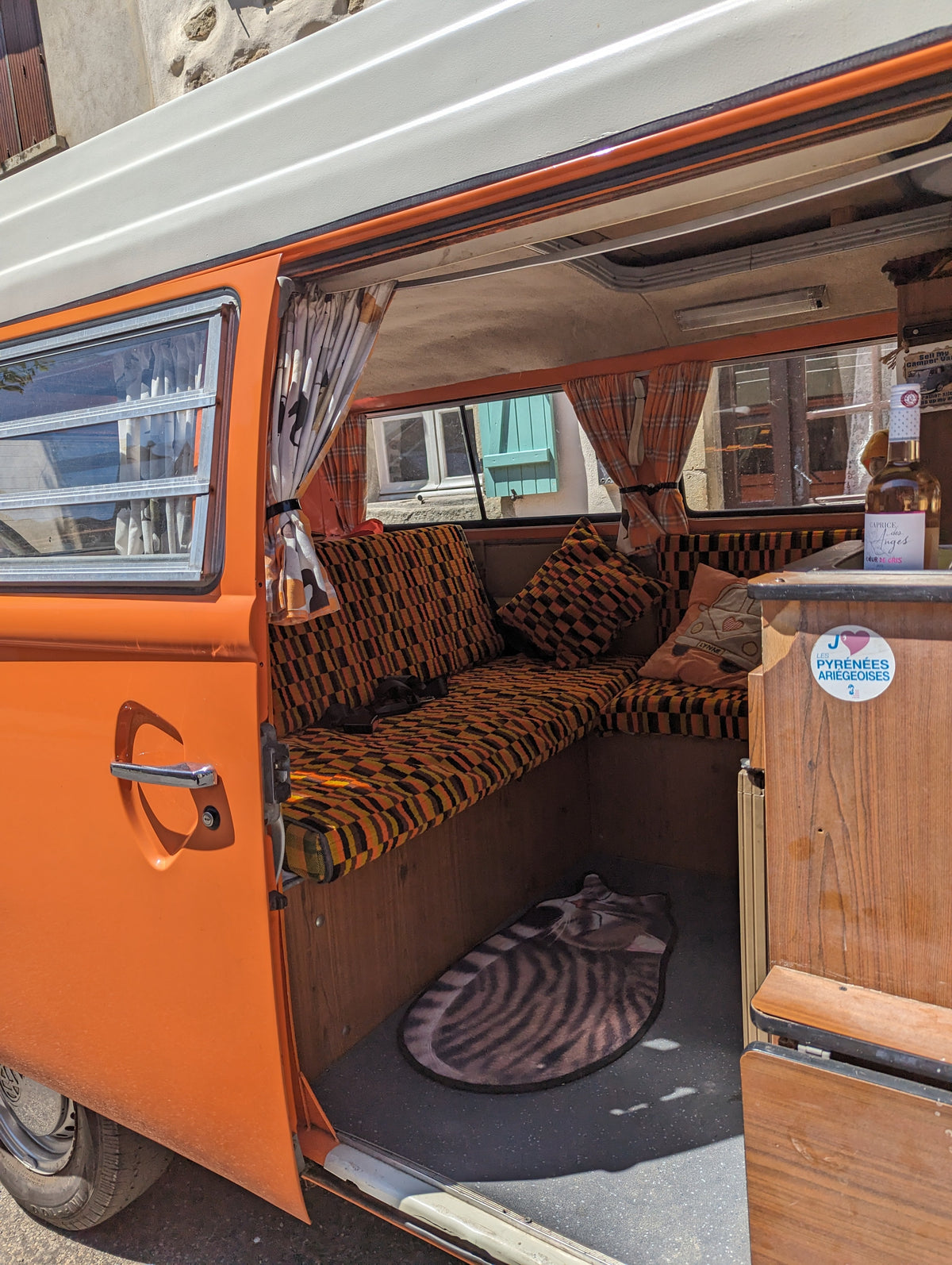 Vintage campervan seating upholstered in Misha Black moquette