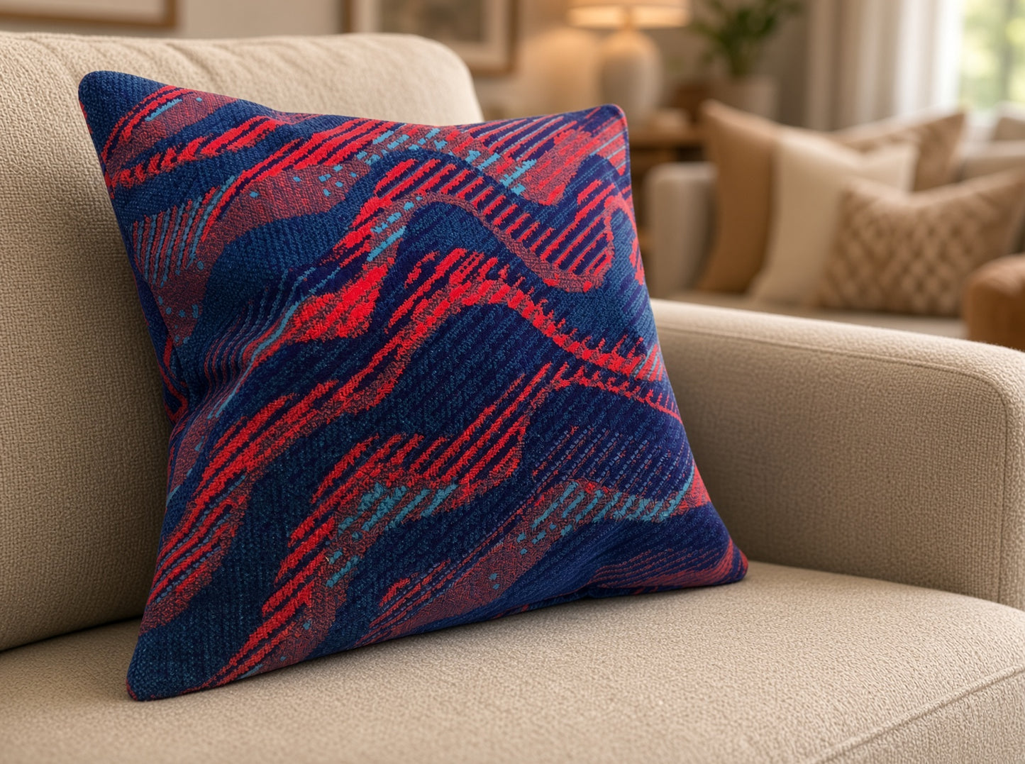 Auckland bus moquette cushion on cream sofa