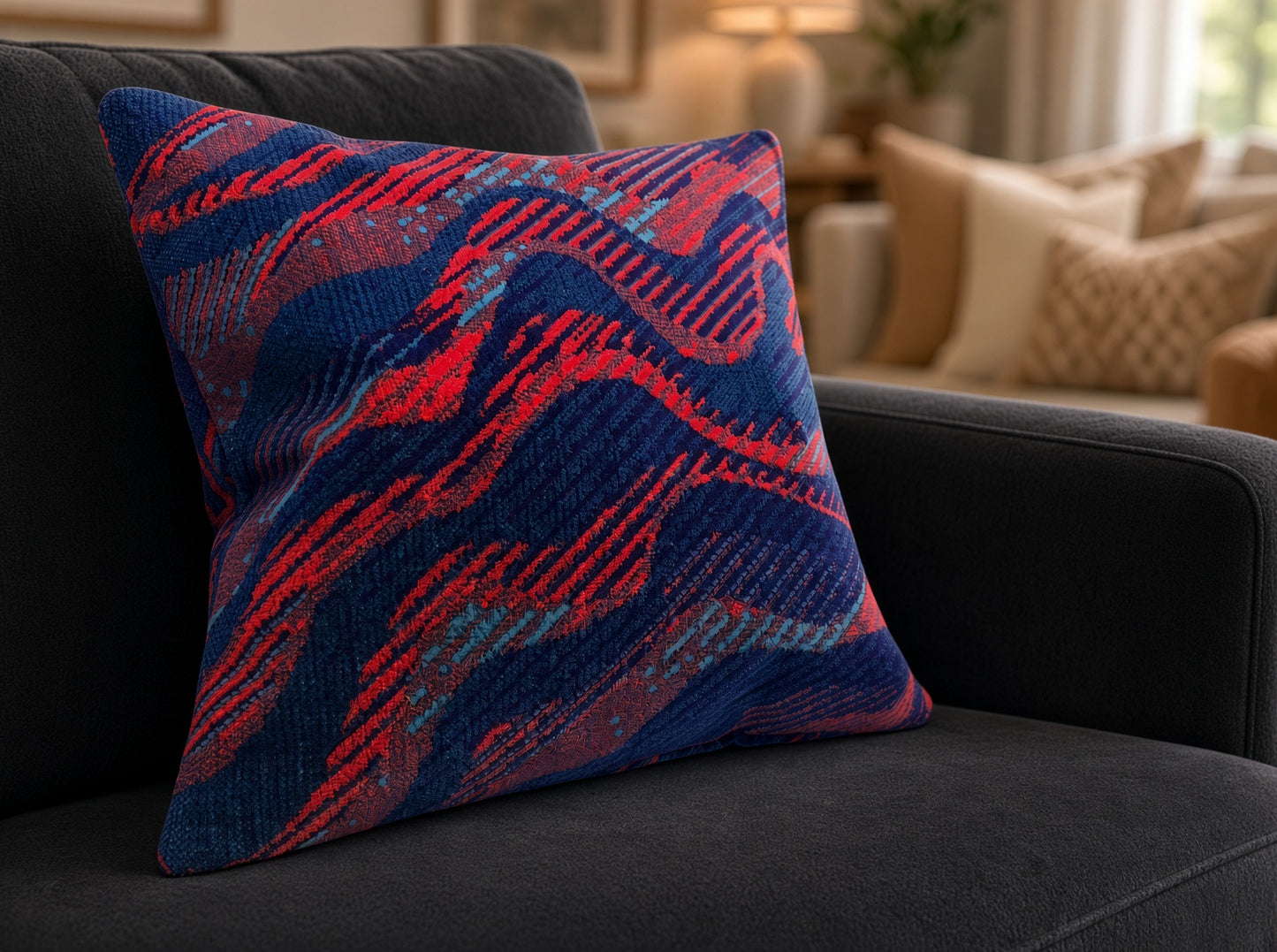 Auckland bus moquette cushion on dark sofa