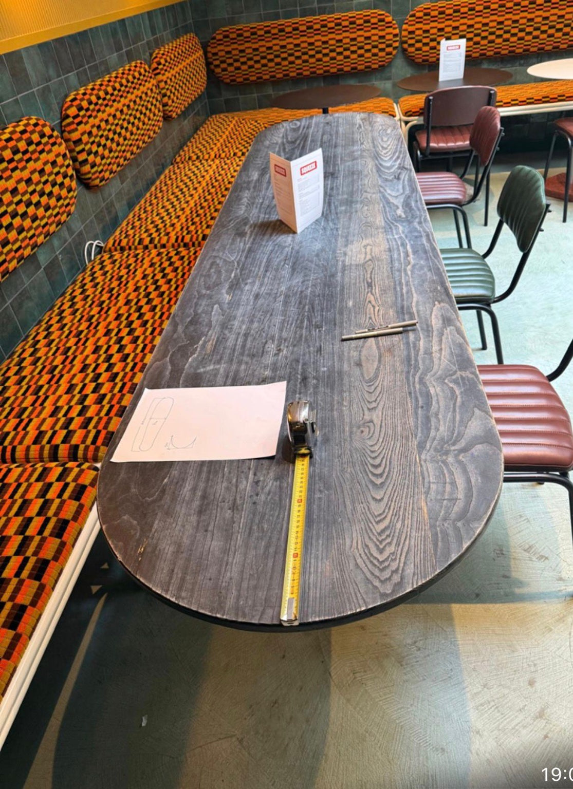 Cafe seating upholstered in London Transport Misha Black moquette