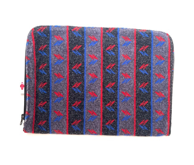 National Express bus and coach moquette laptop case in grey with red and blue stripes, front-on product photograph