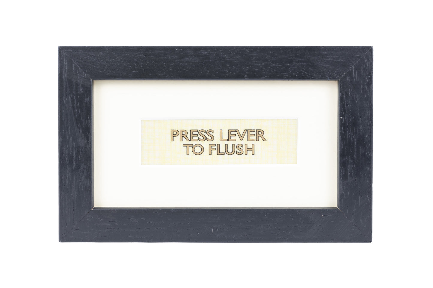 A black frame with a white background and a Press lever to flush gold text on a white plain print background
